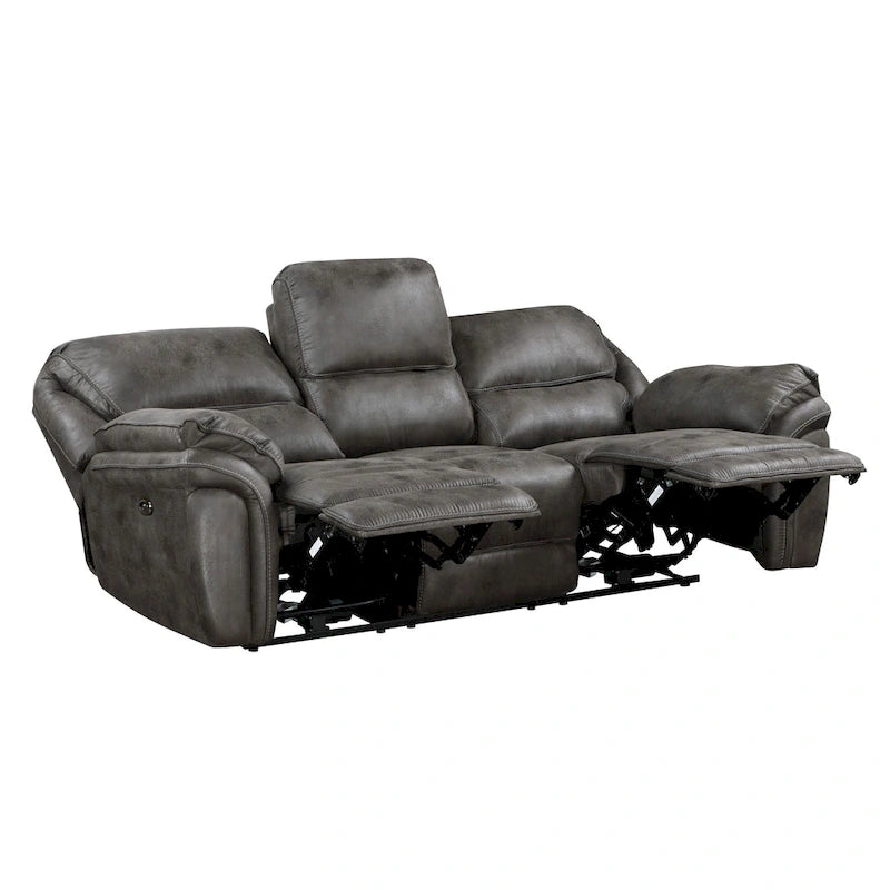 90 Inch Power Double Recliner Sofa Gray Microfiber USB Charging Cupholders