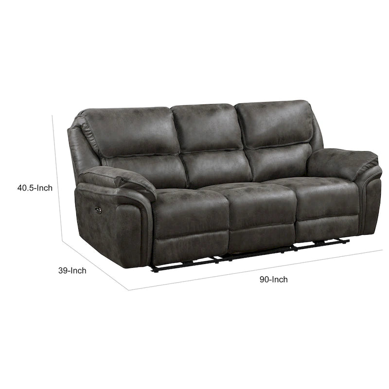 90 Inch Power Double Recliner Sofa Gray Microfiber USB Charging Cupholders