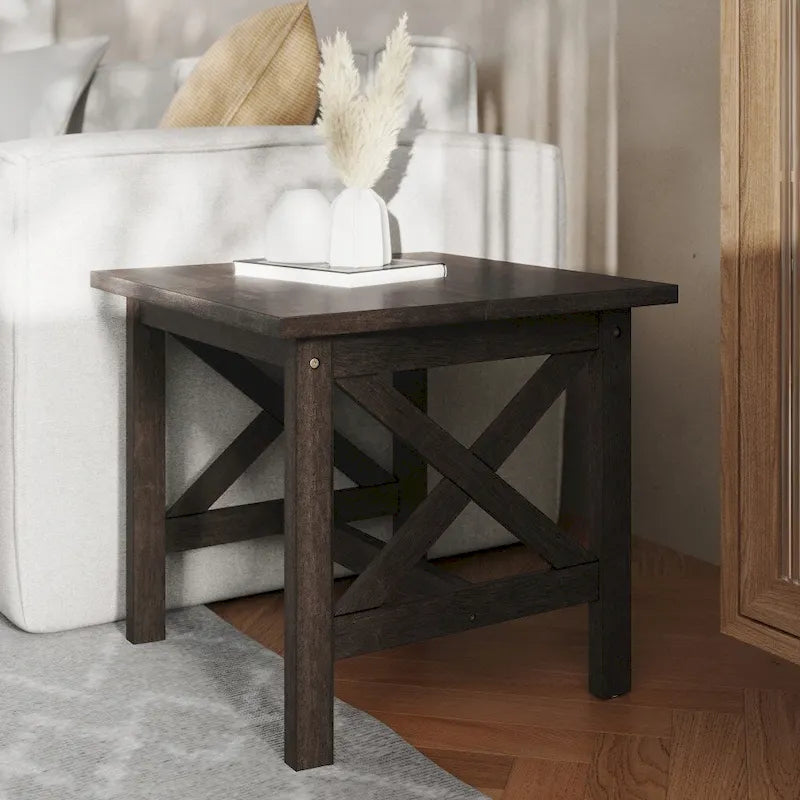 Solid Wood Farmhouse X-Frame End Table Side Table Dark Gray Walnut
