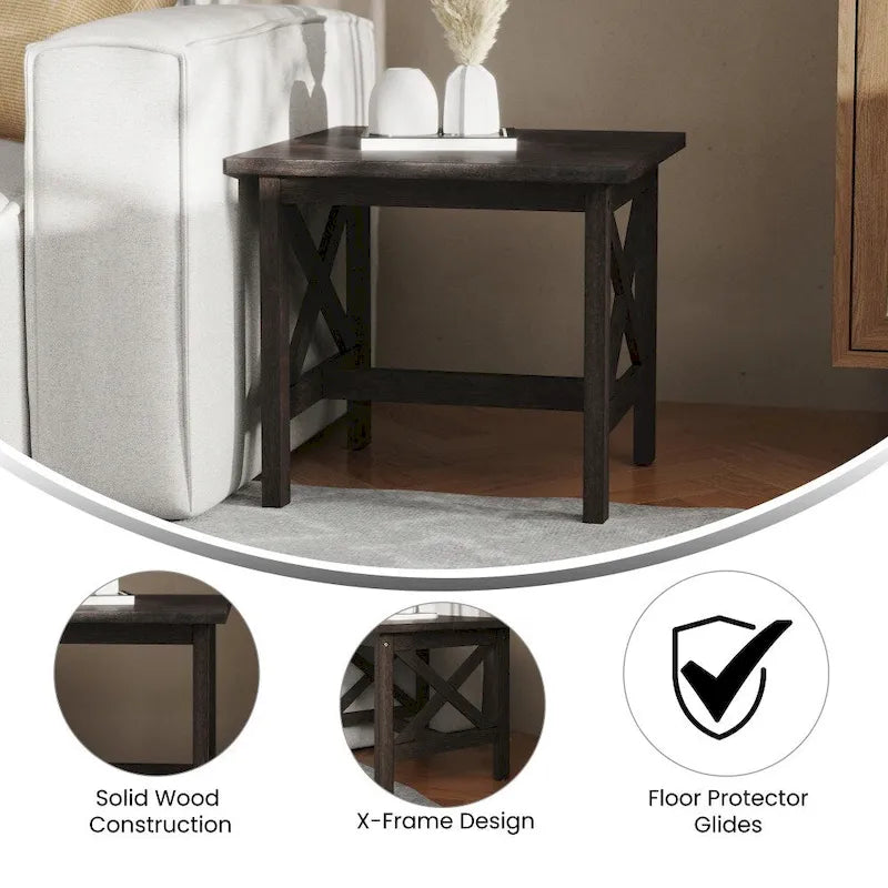 Solid Wood Farmhouse X-Frame End Table Side Table Dark Gray Walnut