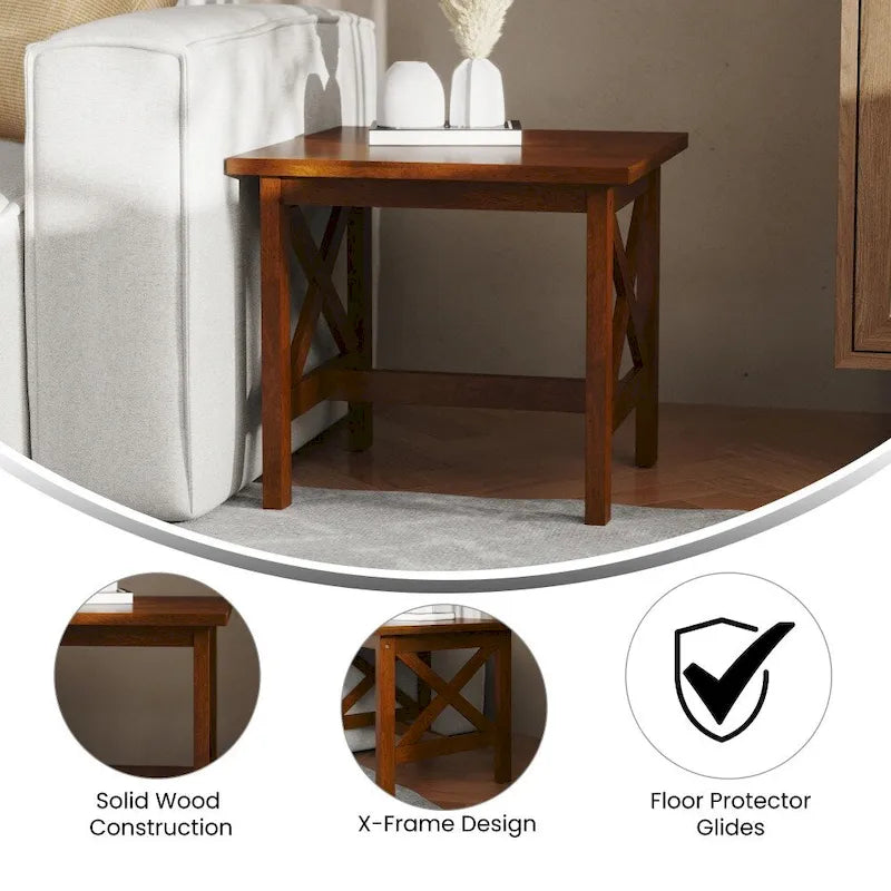 Solid Wood Farmhouse X-Frame End Table Side Table Dark Gray Walnut