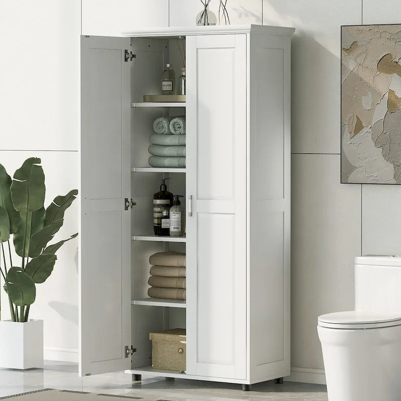 White Tall Double Door Storage Cabinet 5-Shelf MDF Waterproof Bathroom Office