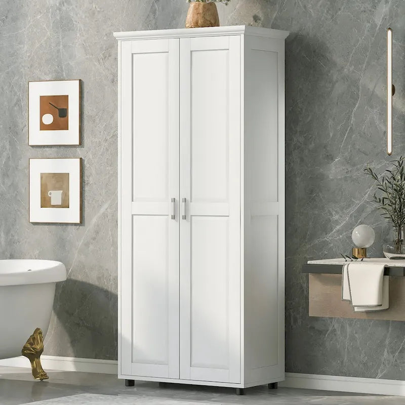White Tall Double Door Storage Cabinet 5-Shelf MDF Waterproof Bathroom Office