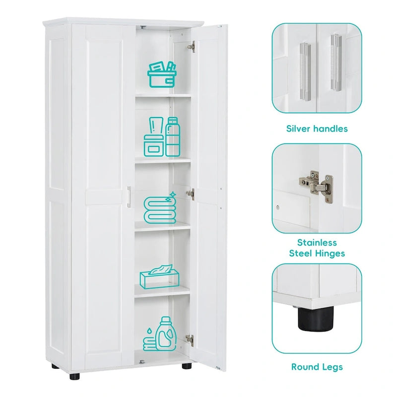 White Tall Double Door Storage Cabinet 5-Shelf MDF Waterproof Bathroom Office