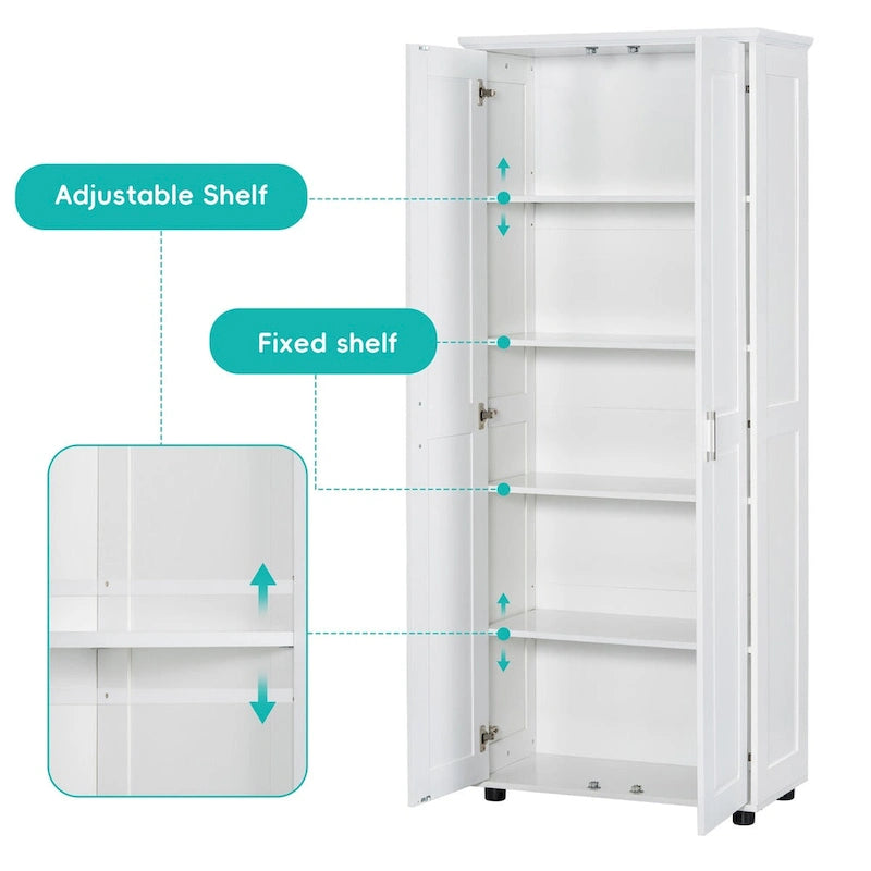 White Tall Double Door Storage Cabinet 5-Shelf MDF Waterproof Bathroom Office