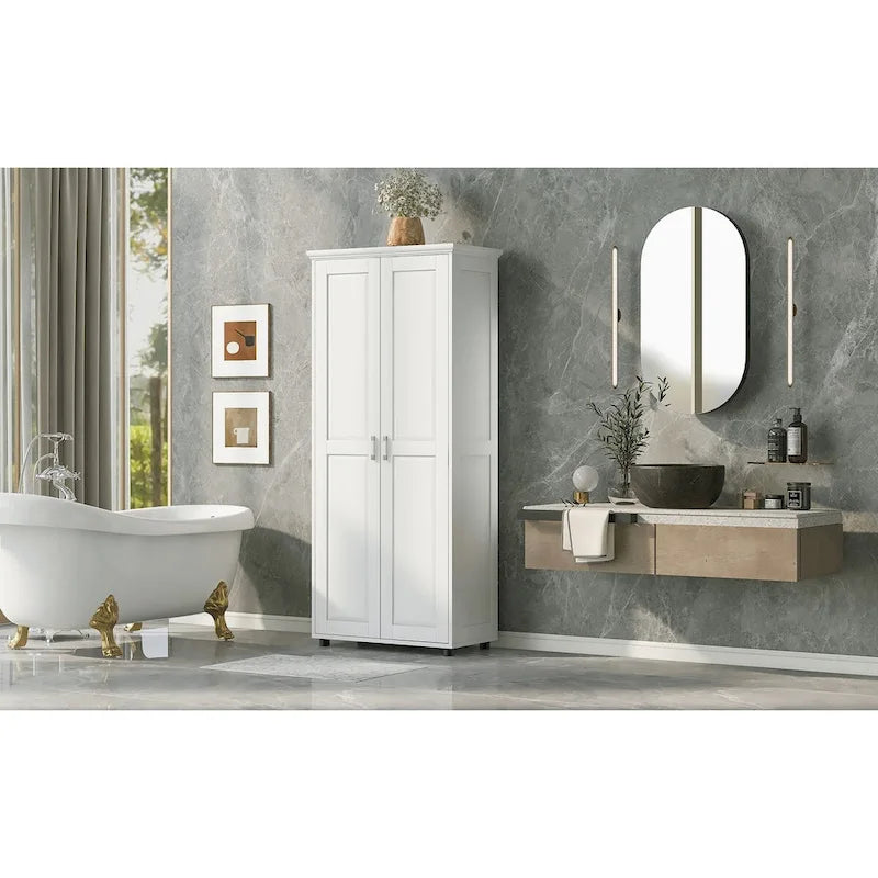 White Tall Double Door Storage Cabinet 5-Shelf MDF Waterproof Bathroom Office