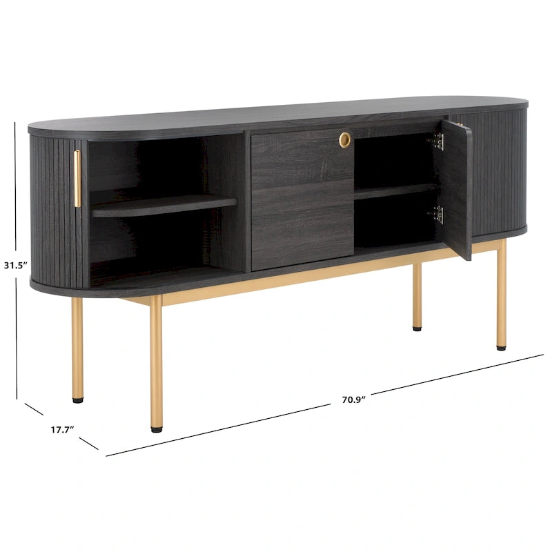 4-Door Tambour Sliding Sideboard Media Stand Curved Edges Metal Base