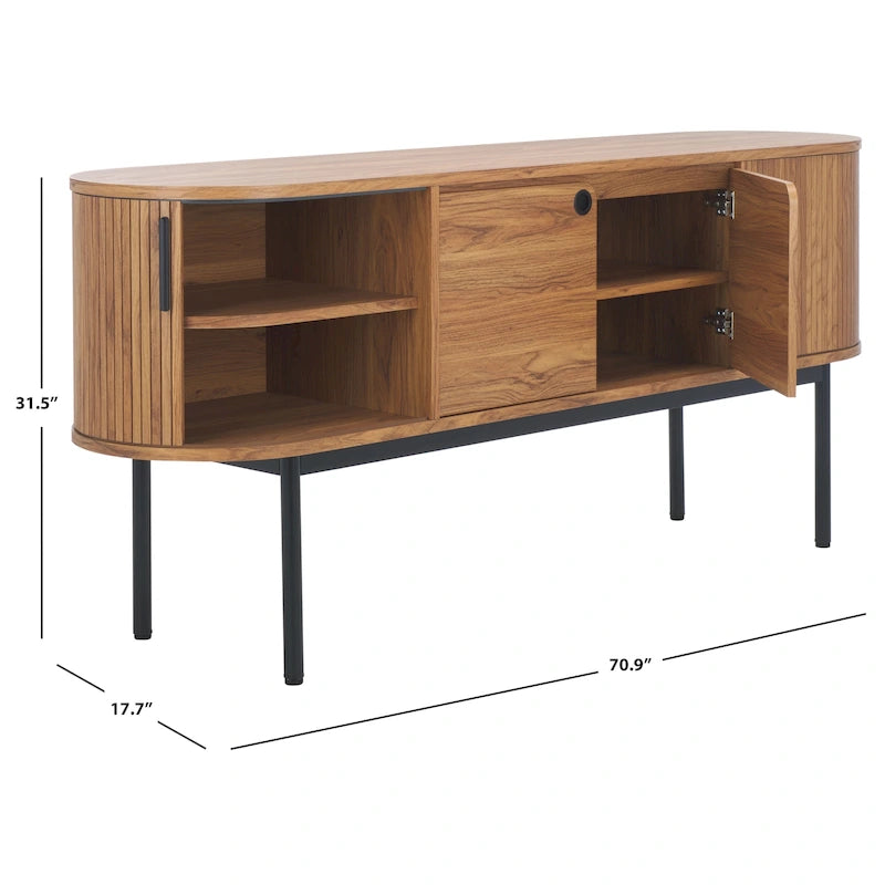 4-Door Tambour Sliding Sideboard Media Stand Curved Edges Metal Base