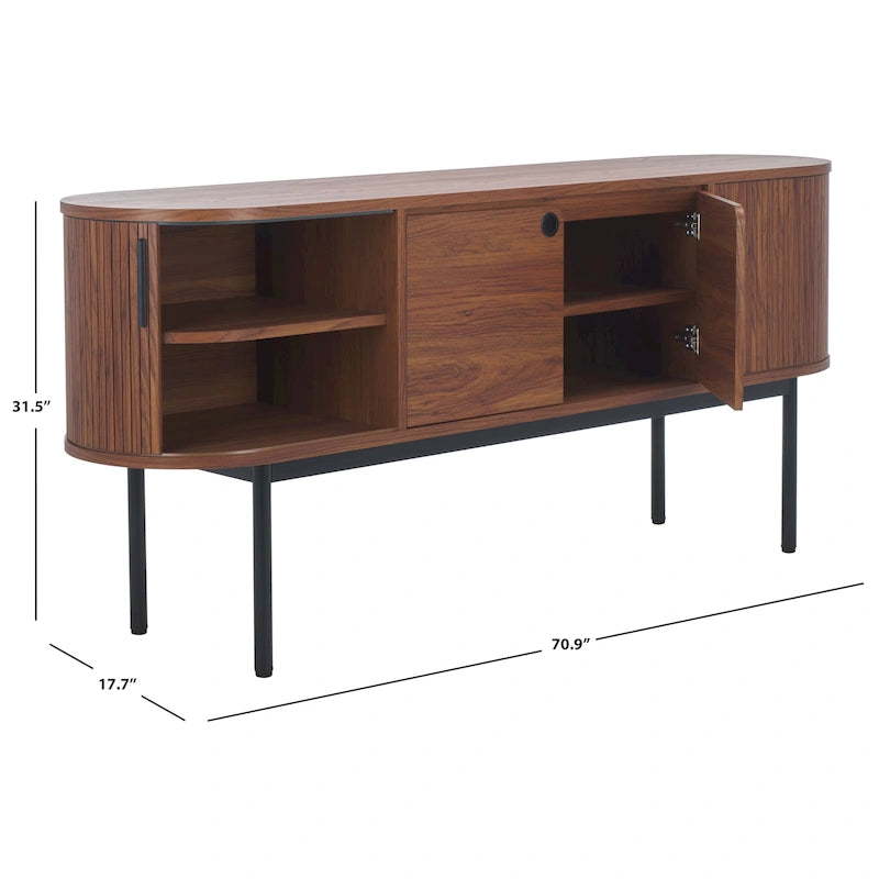 4-Door Tambour Sliding Sideboard Media Stand Curved Edges Metal Base