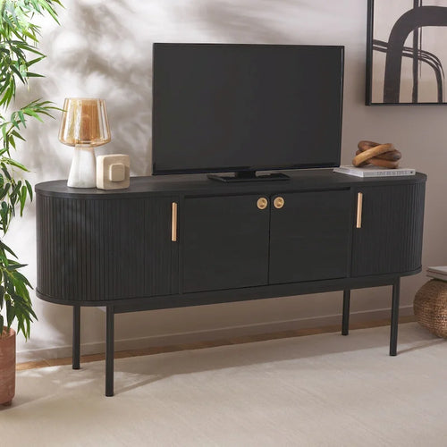 4-Door Tambour Sliding Sideboard Media Stand Curved Edges Metal Base
