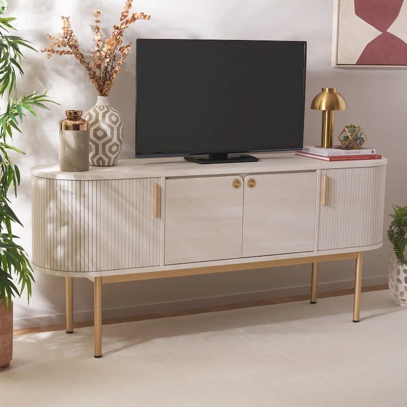 4-Door Tambour Sliding Sideboard Media Stand Curved Edges Metal Base