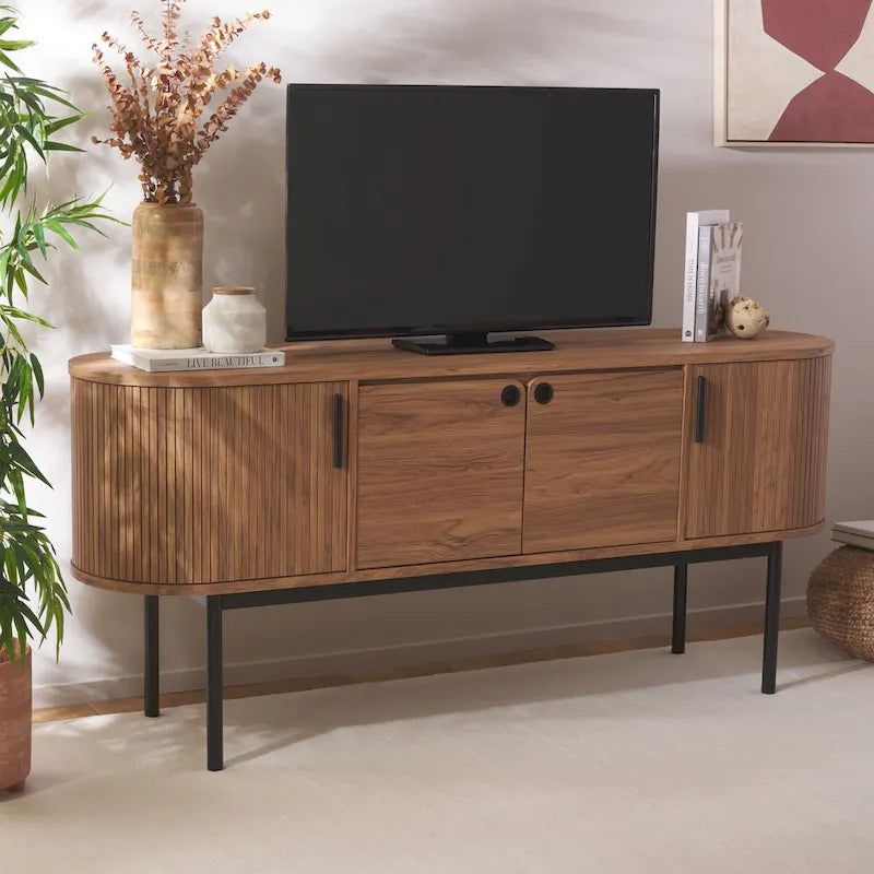 4-Door Tambour Sliding Sideboard Media Stand Curved Edges Metal Base