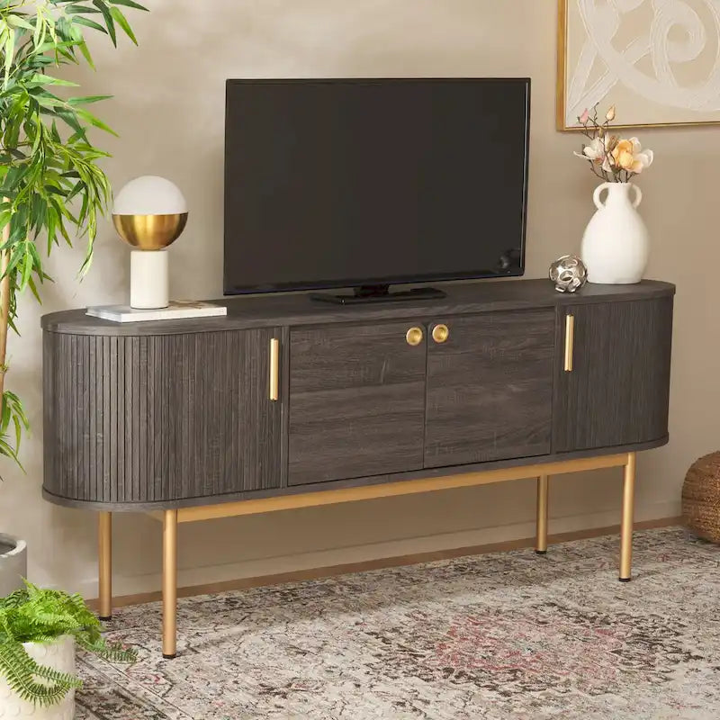 4-Door Tambour Sliding Sideboard Media Stand Curved Edges Metal Base