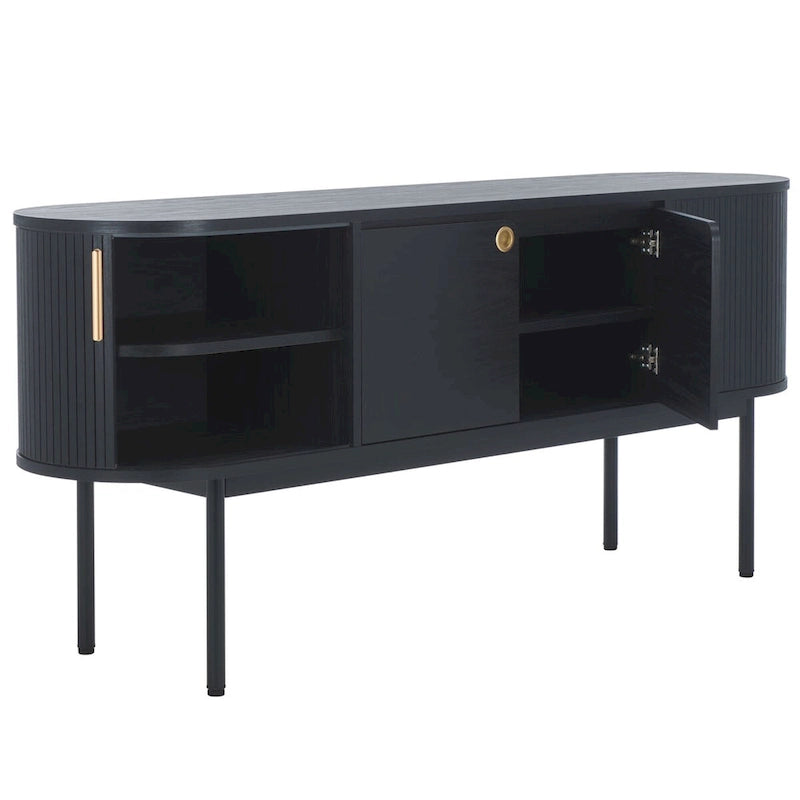 4-Door Tambour Sliding Sideboard Media Stand Curved Edges Metal Base