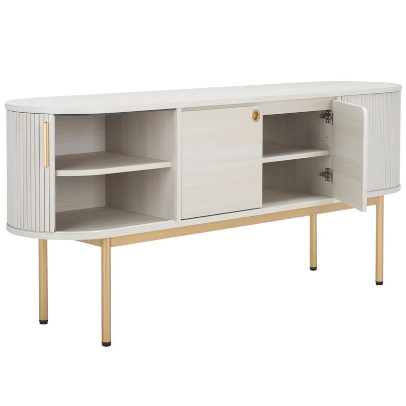 4-Door Tambour Sliding Sideboard Media Stand Curved Edges Metal Base
