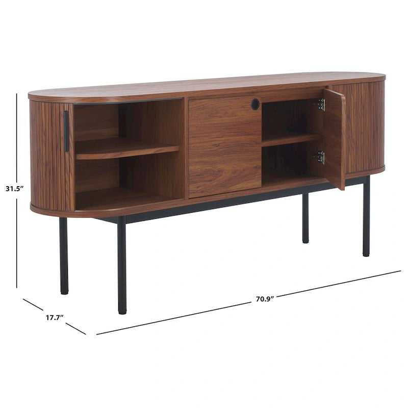 4-Door Tambour Sliding Sideboard Media Stand Curved Edges Metal Base