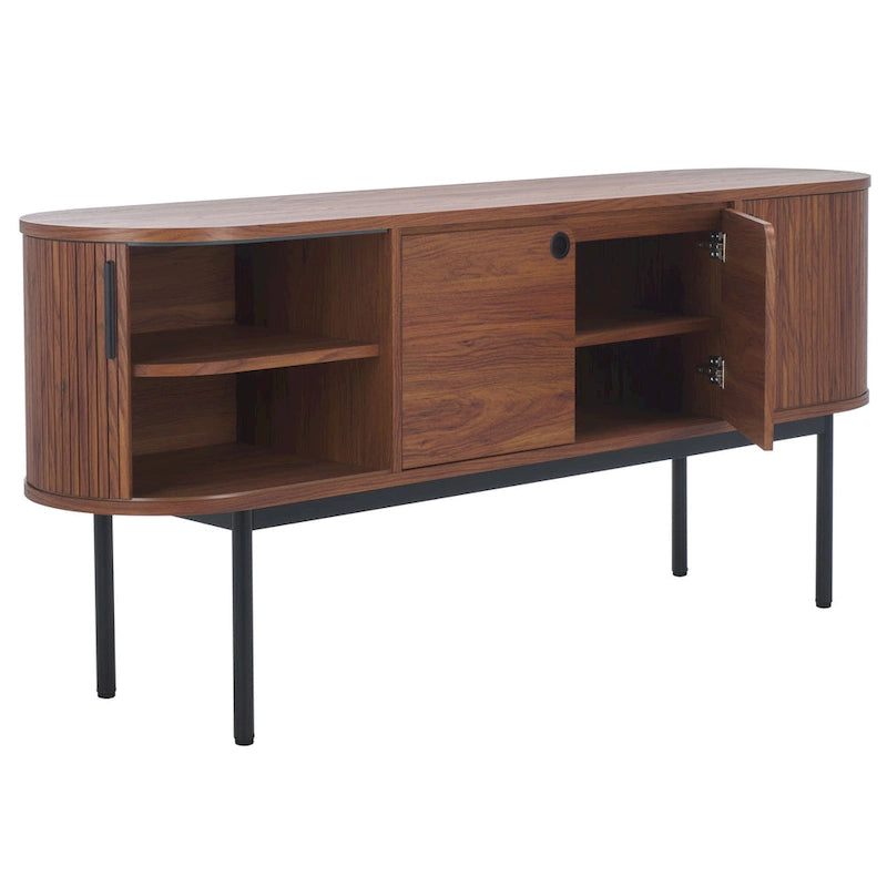 4-Door Tambour Sliding Sideboard Media Stand Curved Edges Metal Base