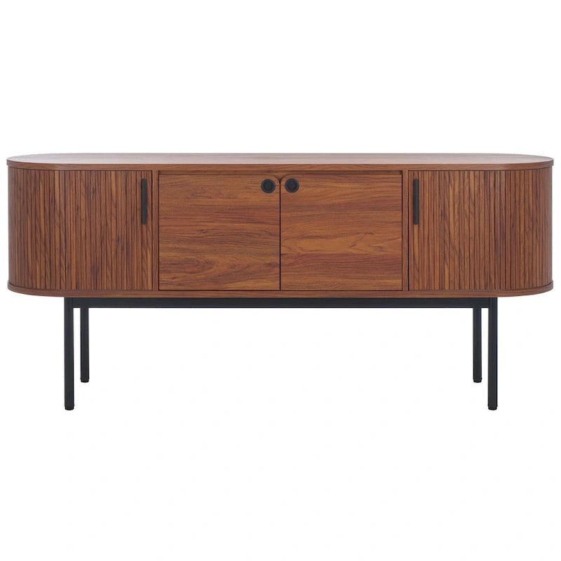 4-Door Tambour Sliding Sideboard Media Stand Curved Edges Metal Base