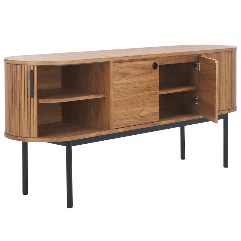 4-Door Tambour Sliding Sideboard Media Stand Curved Edges Metal Base